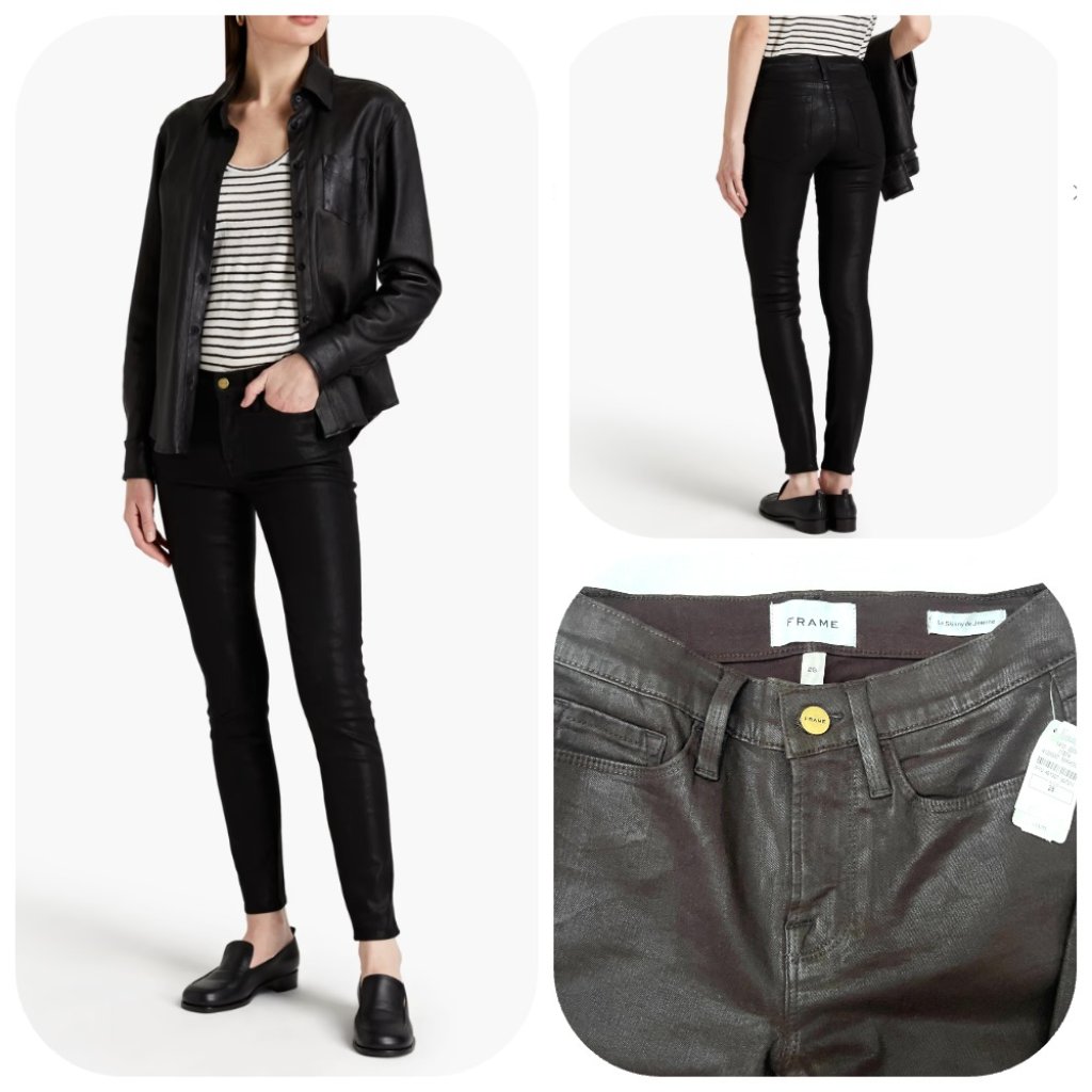 Nwt $253 Frame Le Skinny De Jeanne Coated Black Stretchy Jeans 25